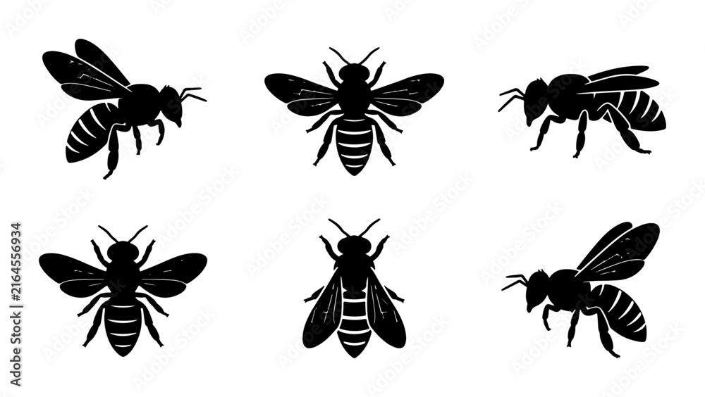Fototapeta premium Six Black Silhouette Bees, Vector Icons Set: Flying, Crawling, and Stationary Insect Poses for Nature and Agriculture Design