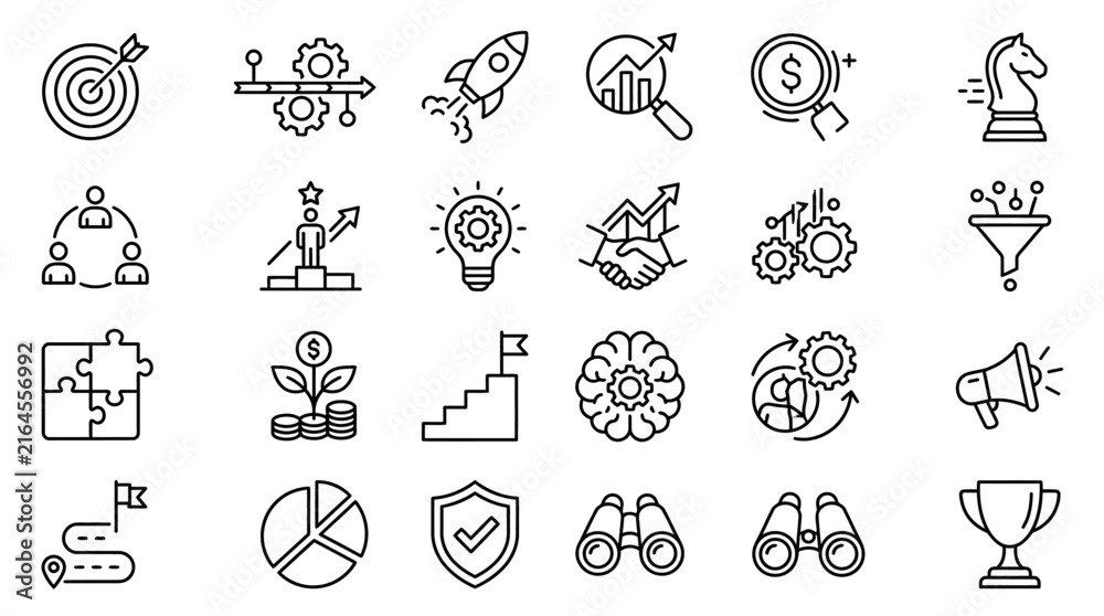 Fototapeta premium Business strategy and management icons set showing growth, leadership, and success