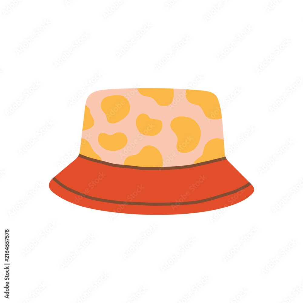 Fototapeta premium Yellow cow print bucket hat with red brim vector illustration. Trendy summer sun protection hat isolated on white background