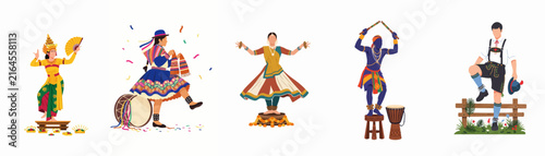 Set of flat vector illustrations representing cultural diversity with traditional folk dancers and costumes from various countries around the world.