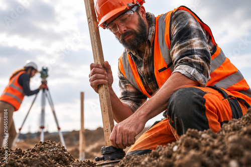 Professional Land Surveyor Setting Ground Marker at Construction Site
