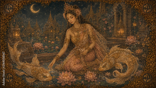 Pisces Zodiac Sign in Thai Cultural Fantasy Art Style