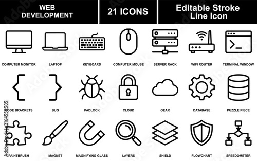 Web development icons on white background showing technology and coding tools.