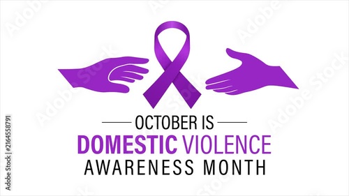 Domestic Violence Awareness Month animation featuring purple ribbons and reaching hands, promoting safety, solidarity, support, prevention, and survivor empowerment.