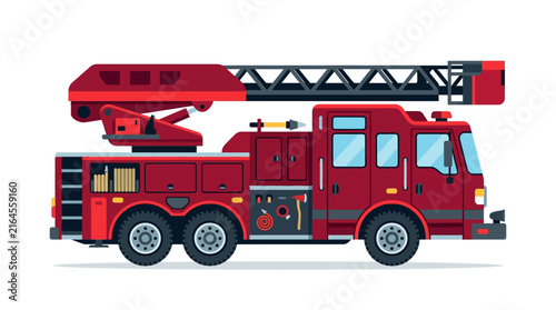 Canvastavla Red fire engine truck with extendable ladder and equipment illustration
