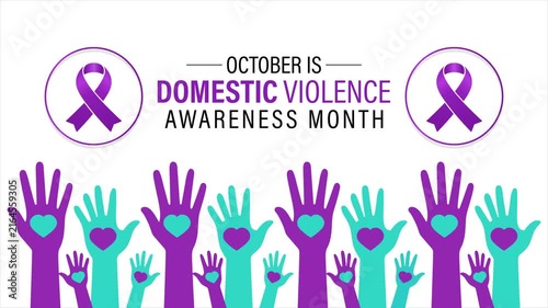 Domestic Violence Awareness Month animation showing purple ribbons and diverse raised hands, symbolizing unity, advocacy, prevention, and collective support.