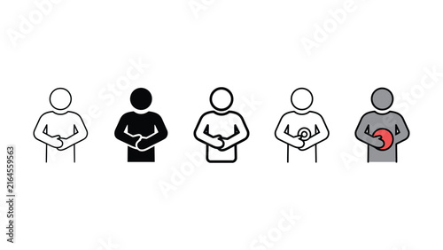 Set of vector icons depicting a person holding their stomach area indicating abdominal pain or discomfort