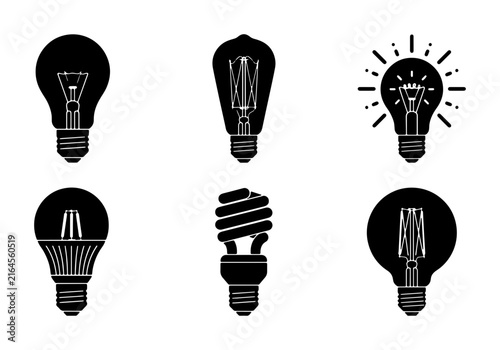 Diverse Light Bulb Icons Set, Vintage Edison & Modern LED Styles, Black Silhouette Vector Graphics for Innovation and Ideas