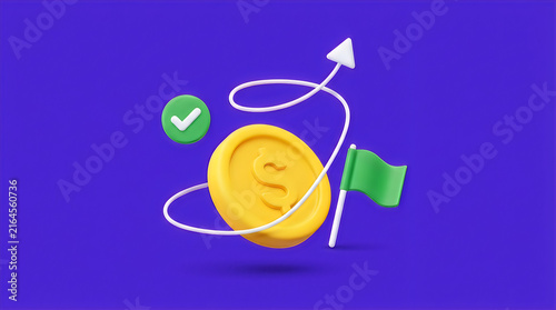 3D illustration financial growth concept with coin checkmark arrow