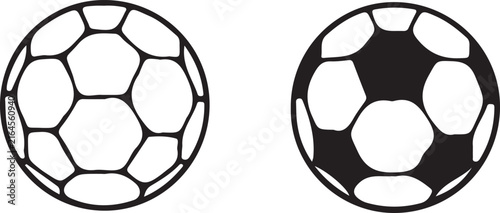 Displays two soccer balls side-by-side. The left ball is white with black panel outlines, while the right ball features a black and white panel pattern.