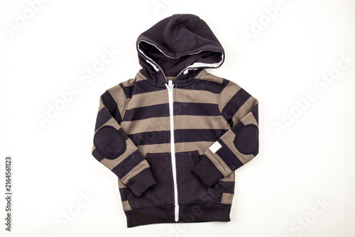 Kids Striped Grey Zip-Up Hoodie with Elbow Patches, Children's Casual Sweatshirt on White Background for Fashion Retail and E-commerce