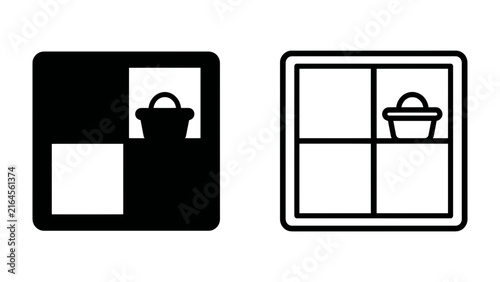 Window Icon Duo: A set of two window icons, one solid black and the other a white outline, depicting a basket within a grid.