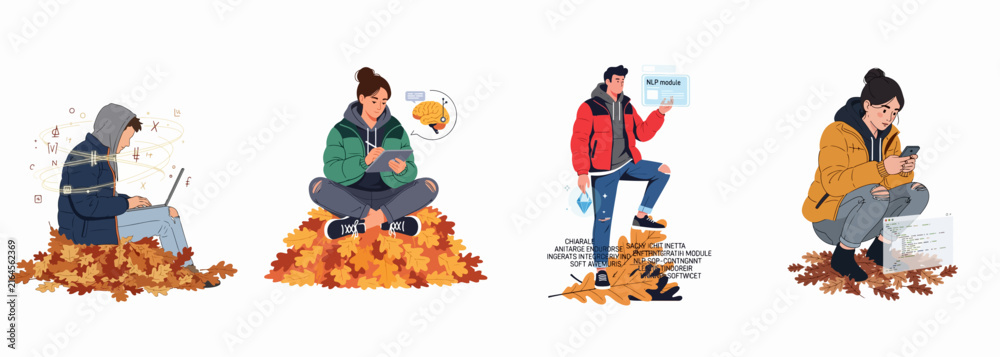 Fototapeta premium Set of diverse young people using digital devices outdoors while sitting or standing on piles of autumn leaves.