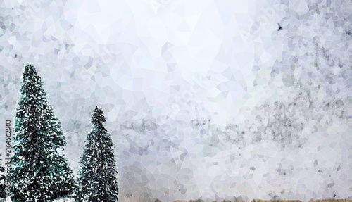  Two Mini Snowy Christmas Trees on White Winter Background