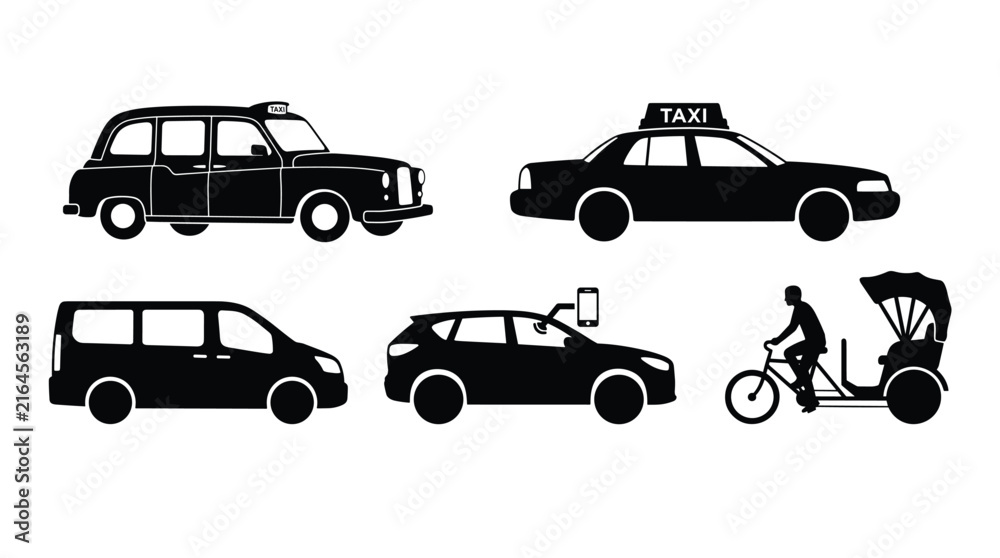 Fototapeta premium Taxi and public transport set, including classic black cab, sedan taxi, minivan, car with phone and bicycle rickshaw taxi