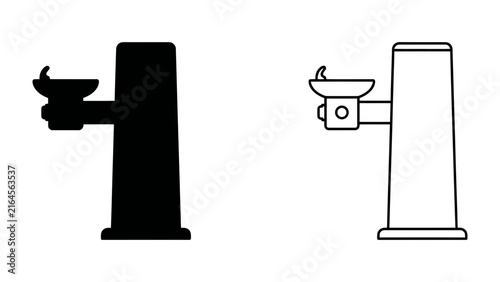 Drinking Fountain Icon: Two icons depicting a drinking fountain, one in solid black and the other as a line drawing, representing access to public hydration.