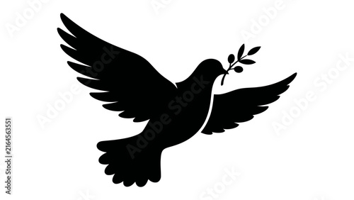 Peace Dove Symbol: A stark black silhouette of a dove in flight, carrying a small olive branch in its beak, embodying a universal message of peace and hope.