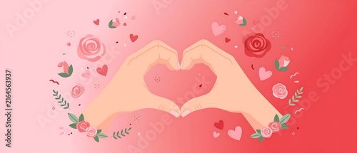 Heart Hand Gesture with Pink Floral Background