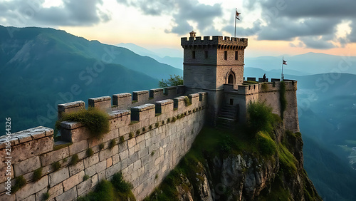 Medieval castle wall and watchtower on a cliff at dusk.