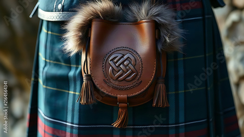 Leather and fur pouch with Celtic knotwork hanging against a Scottish kilt.