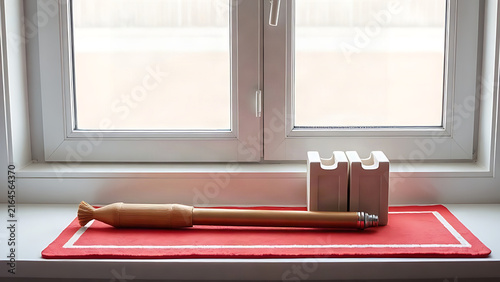 Window ledge with relay baton and starting blocks on red track mat, quiet sports memorabilia concept