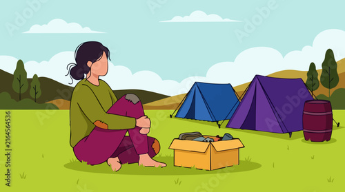 Bild auf Leinwand Vector illustration of a homeless woman sitting in a temporary tent camp
