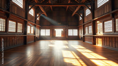 An empty traditional wooden dojo with sunlight streaming through high windows.