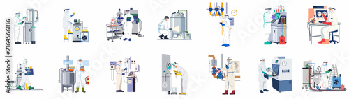 Set of pharmaceutical industry workers in protective suits operating laboratory equipment and industrial machinery for drug production and research.