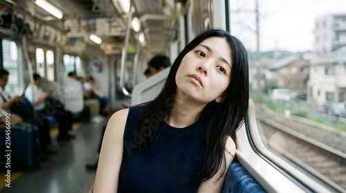 Young woman rests beside a train window with her head tilted and gaze drifting upward. Ideal for fatigue, overthinking, commuting stress, and reflective lifestyle content.