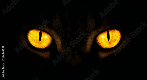 Glowing yellow cat eyes peering from deep darkness celebrate a spooky happy halloween october 31 holiday themed background image
