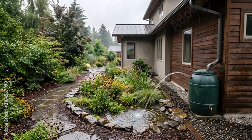 Rain barrel beside a stone-lined rain garden capturing runoff after rainfall. Useful for stormwater management, sustainable landscaping, and water conservation content.