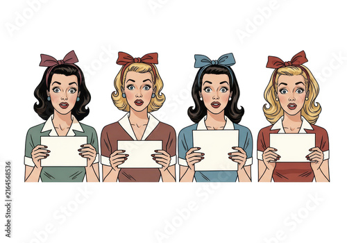 Group of four vintage retro women holding paper notes isolated on transparent background