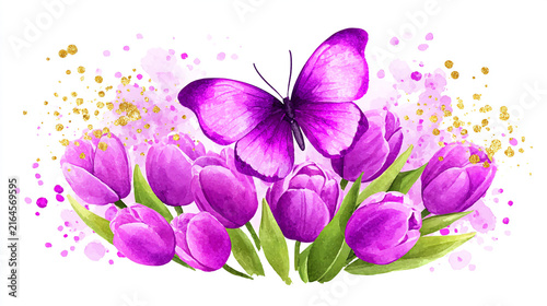 watercolor botanical butterfly and Carnation flowers texture template background. Design for wedding, vip cover, poster, rsvp moderncard.Valentine's Day