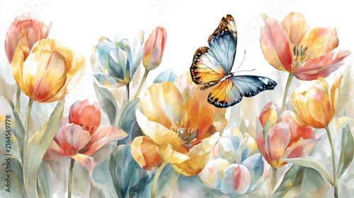 watercolor botanical butterfly and Carnation flowers texture template background. Design for wedding, vip cover, poster, rsvp moderncard.Valentine's Day