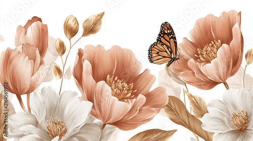 watercolor botanical butterfly and Carnation flowers texture template background. Design for wedding, vip cover, poster, rsvp moderncard.Valentine's Day