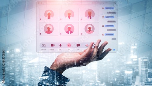 Obraz na płótnie Hand Holding Virtual Collaboration Interface with User Avatars and Cityscape Background for Digital Communication Concept