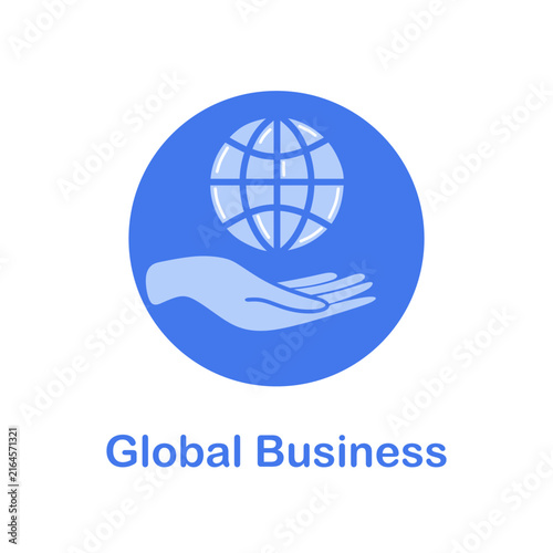 Global business icon. Human hand hold globe sign. Concept of bringing or starting business on global scale, operating worldwide. Template symbol design for web interface and digital projects. Vector