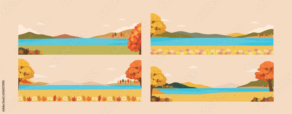 Naklejka premium Autumn Landscape Vector Banner Set with Mountains and Lake