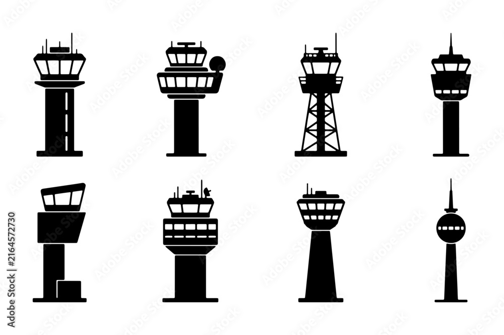 Obraz premium Air Traffic Control Tower Icons Set, Airport Navigation Building Silhouettes, Aviation Communication Structures Collection, Vector Graphics