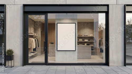 Modern clothing store window display mockup featuring a blank vertical poster frame in a stylish boutique exterior
