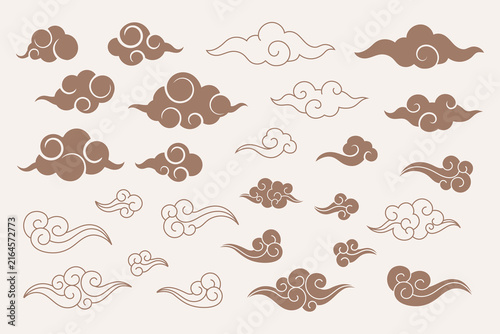 Traditional Korean Cloud Motifs Set, Decorative Asian Cloud Ornaments. Collection of traditional Korean cloud motifs and decorative ornaments in various shapes and styles
