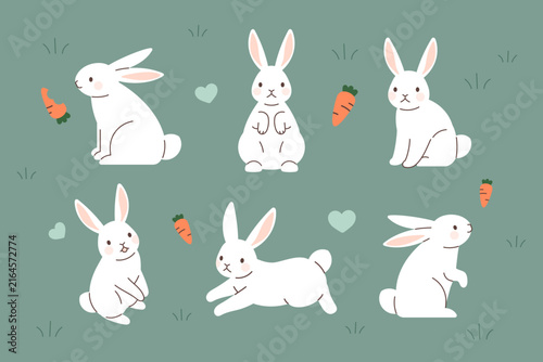 White Rabbits with Carrots and Hearts on Green Background.