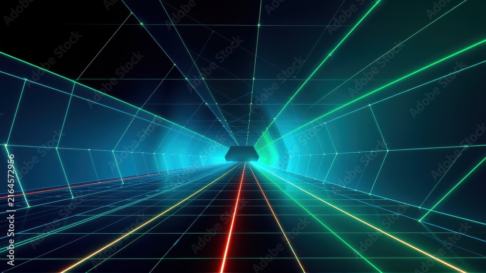 Fototapeta premium Neon grid tunnel extends into darkness. Bright lines converge toward distant point, creating futuristic effect. Vivid colors dominate scene.