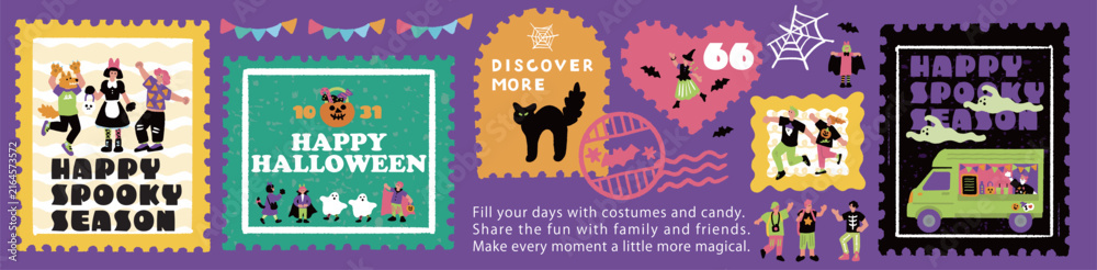Fototapeta premium 「HAPPY SPOOKY SEASON」ハロウィンをテーマにした切手風バナーイラスト