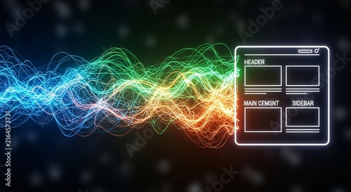 Vibrant digital data stream connecting to a glowing abstract webpage layout, illustrating information flow and web development concepts.