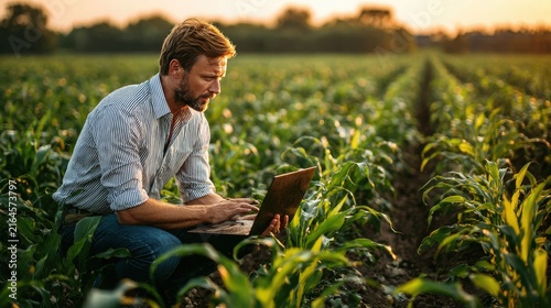 Farmer uses laptop in field at sunset