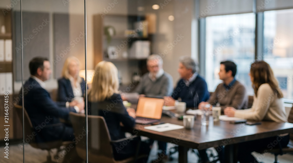 Fototapeta premium Blurred business meeting with diverse professionals collaborating around a conference table in a modern office setting with natural light