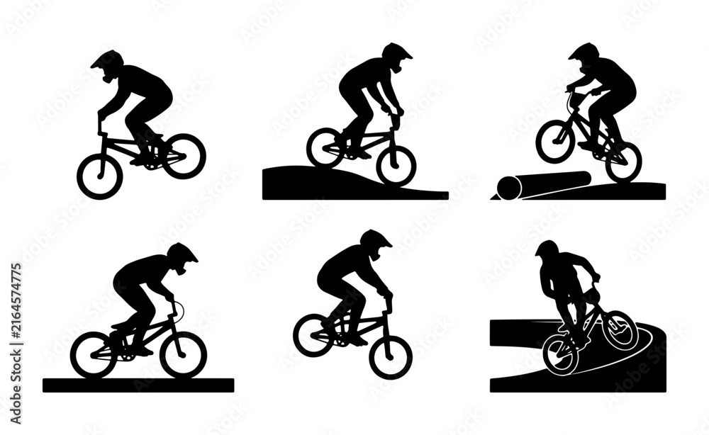 Naklejka premium BMX Bicycle Rider Silhouettes, Extreme Sports Action Poses, Cycling Stunts Vector Set, Dynamic Motion Graphics