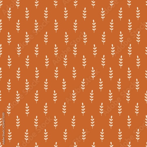 Seamless autumn botanical pattern with simple cream leafy sprigs on a warm burnt orange background. Minimal seasonal foliage design for fabric, wallpaper, wrapping paper and home decor.