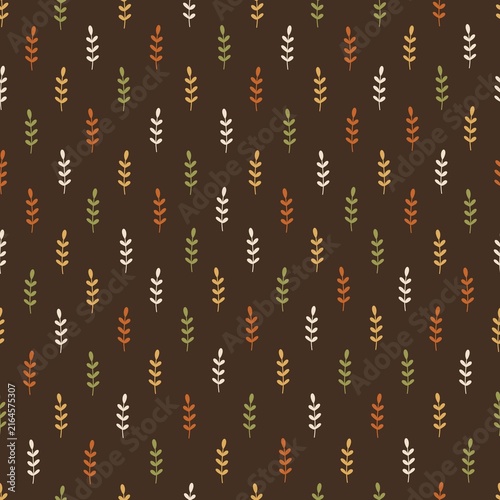 Seamless autumn pattern with simple vertical leafy sprigs in orange, mustard, olive and cream on a dark brown background. Minimal botanical fall design.